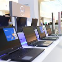 Belgrade, Serbia - February 15, 2019: New Dell laptop computers are shown on retail display in electronic store.